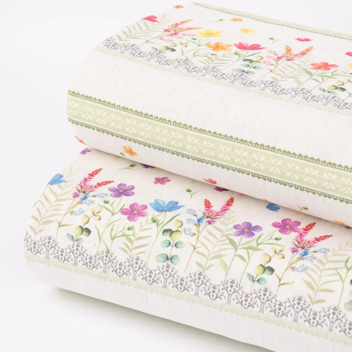 Gardinenstoff Dekostoff Landhausstoff Wiesenblumen Streifen natur bunt lila 1,60m Breite