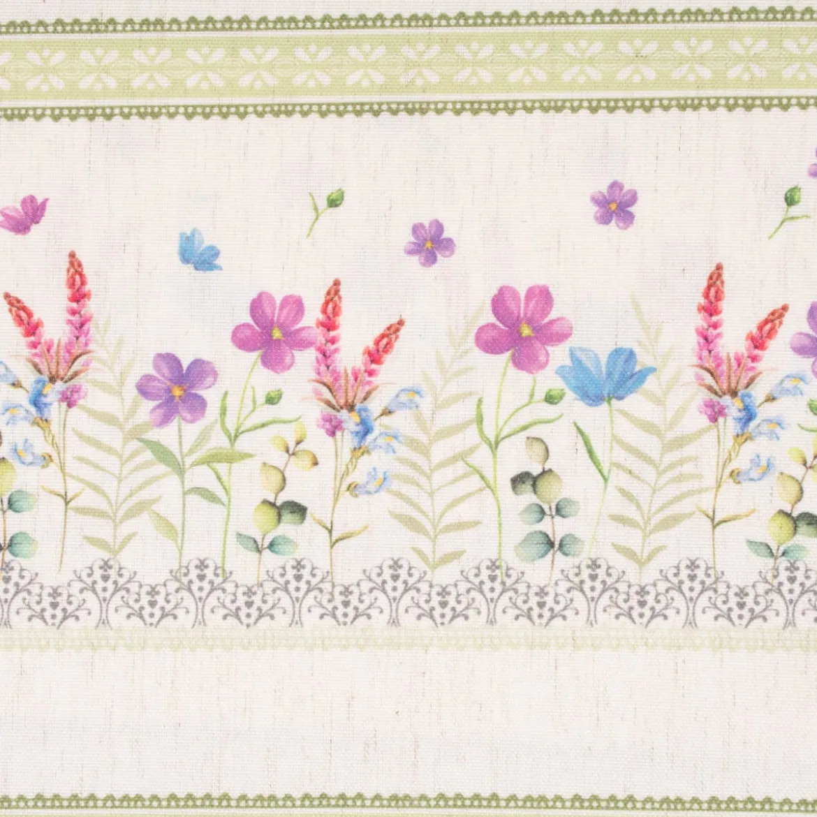 Gardinenstoff Dekostoff Landhausstoff Wiesenblumen Streifen natur bunt lila 1,60m Breite