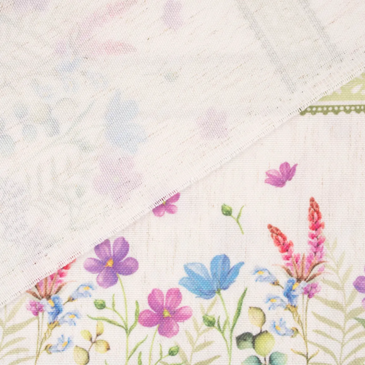 Gardinenstoff Dekostoff Landhausstoff Wiesenblumen Streifen natur bunt lila 1,60m Breite