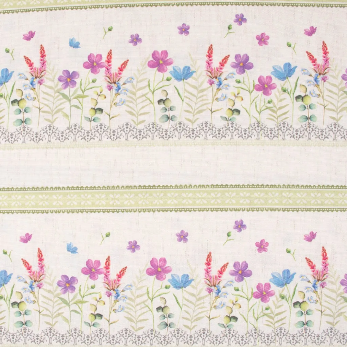 Gardinenstoff Dekostoff Landhausstoff Wiesenblumen Streifen natur bunt lila 1,60m Breite