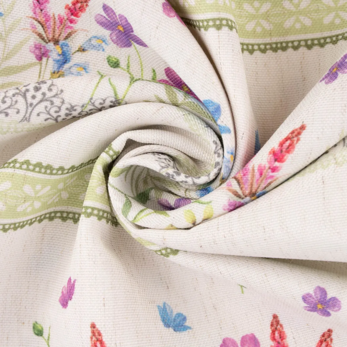 Gardinenstoff Dekostoff Landhausstoff Wiesenblumen Streifen natur bunt lila 1,60m Breite