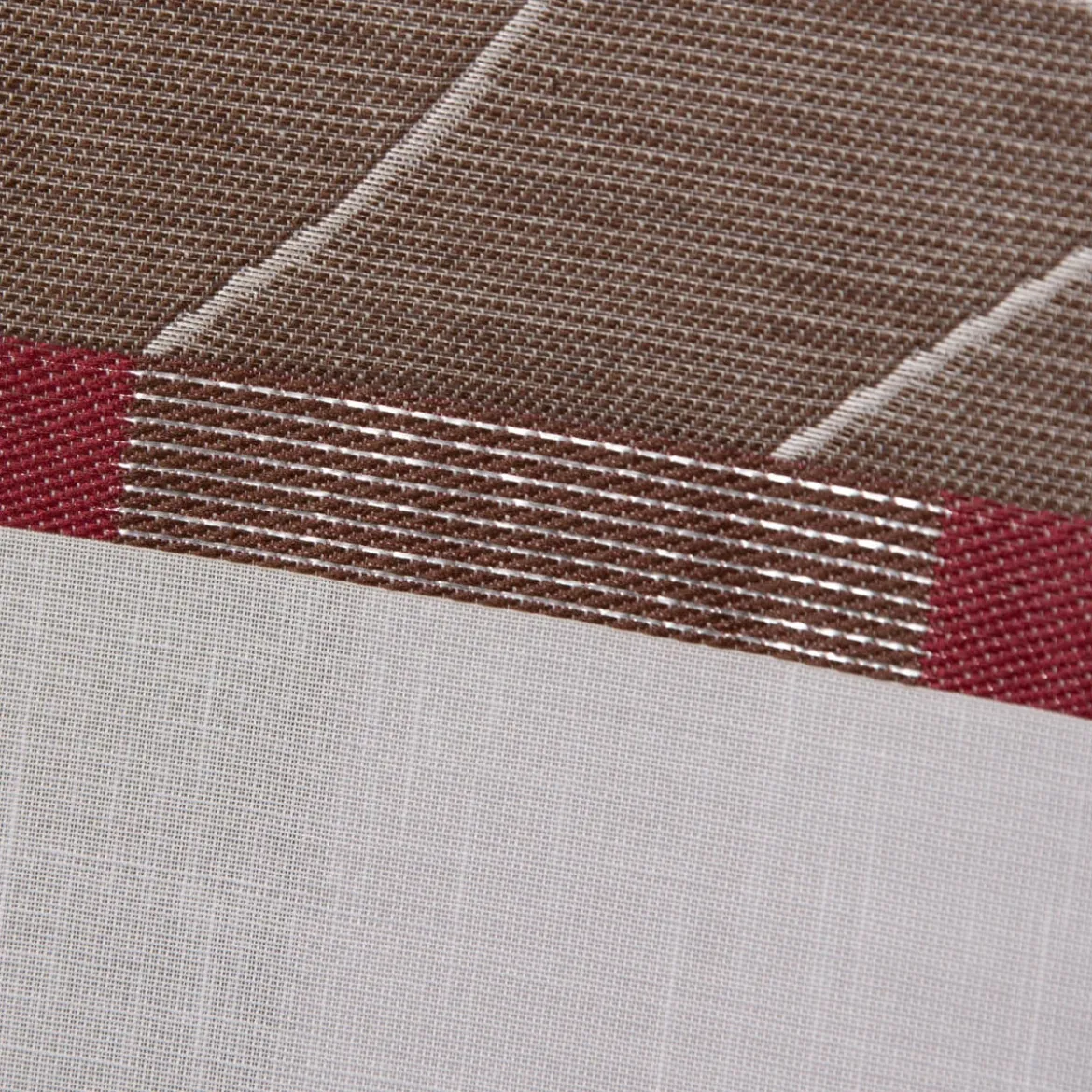 Gardinenstoff Dekostoff Leinenoptik weiß halbtransparent Jacquard Querstreifen braun beere silberlurex 150cm breit