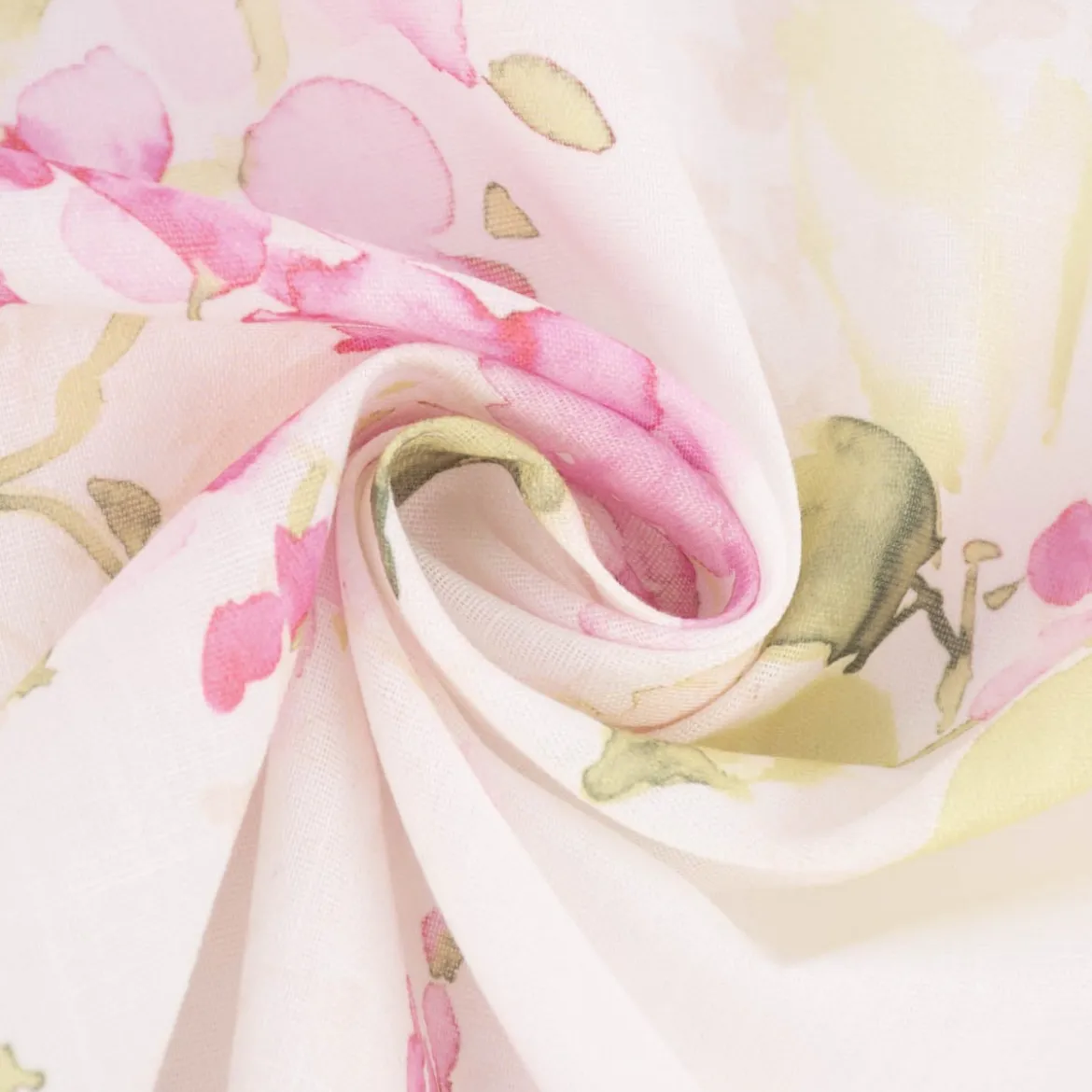 Gardinenstoff Dekostoff Leinenstruktur halbtransparent Aquarell Blumen weiß rosa grün 1,45m Breite