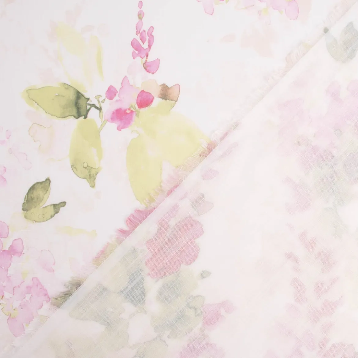 Gardinenstoff Dekostoff Leinenstruktur halbtransparent Aquarell Blumen weiß rosa grün 1,45m Breite