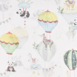 Gardinenstoff Kinderzimmerstoff Leinenoptik halb-transparent Lamarama Lamas, Pandas, Heißluftballons 160cm Breite