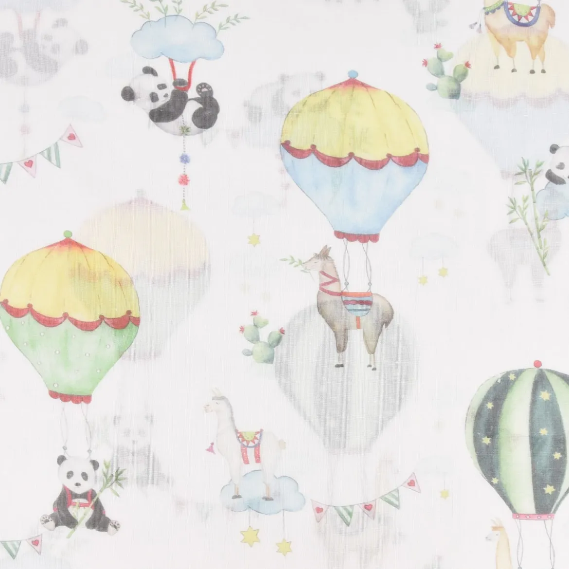 Gardinenstoff Kinderzimmerstoff Leinenoptik halb-transparent Lamarama Lamas, Pandas, Heißluftballons 160cm Breite