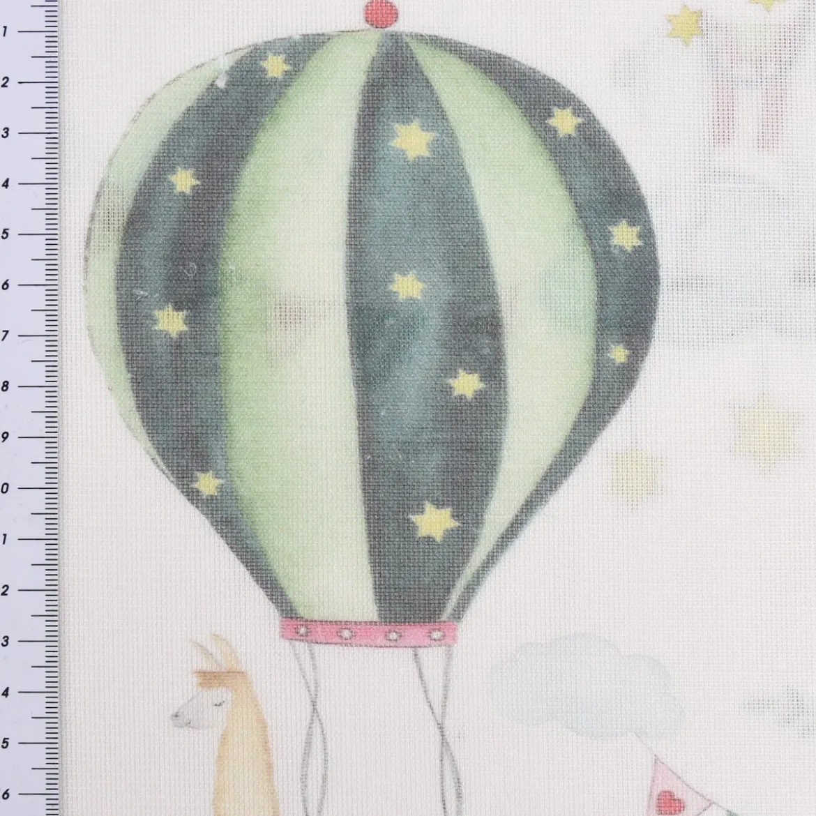 Gardinenstoff Kinderzimmerstoff Leinenoptik halb-transparent Lamarama Lamas, Pandas, Heißluftballons 160cm Breite