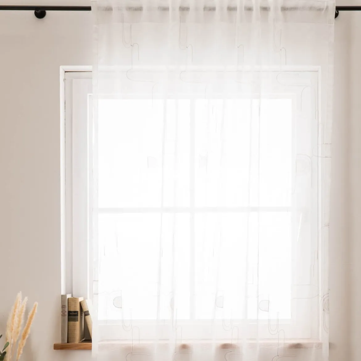Gardinenstoff Leinenstruktur Stickerei Art Decó wollweiß grau 280cm Breite