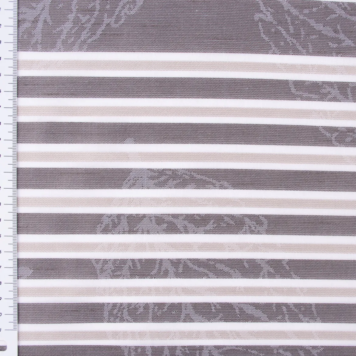 Gardinenstoff Quer-Streifen Blätter halbtransparent grau weiß 140cm Breite