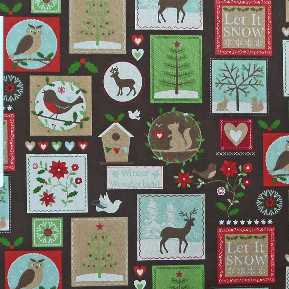 Gardinenstoff Stoff Dekostoff Meterware Tiere Patchwork Weihnachten braun