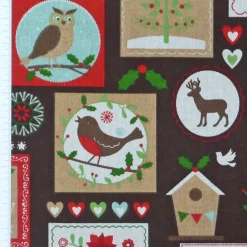Gardinenstoff Stoff Dekostoff Meterware Tiere Patchwork Weihnachten braun