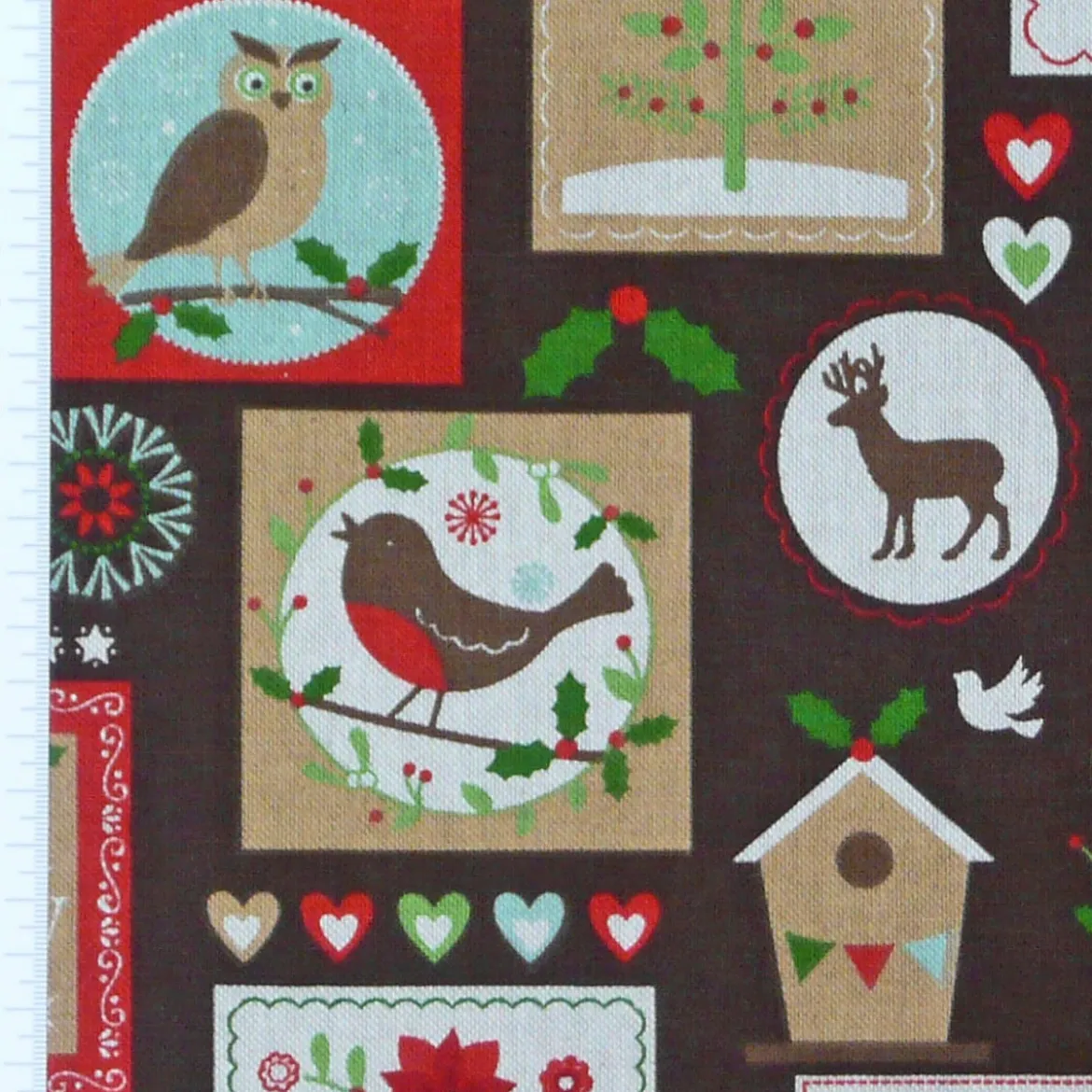Gardinenstoff Stoff Dekostoff Meterware Tiere Patchwork Weihnachten braun