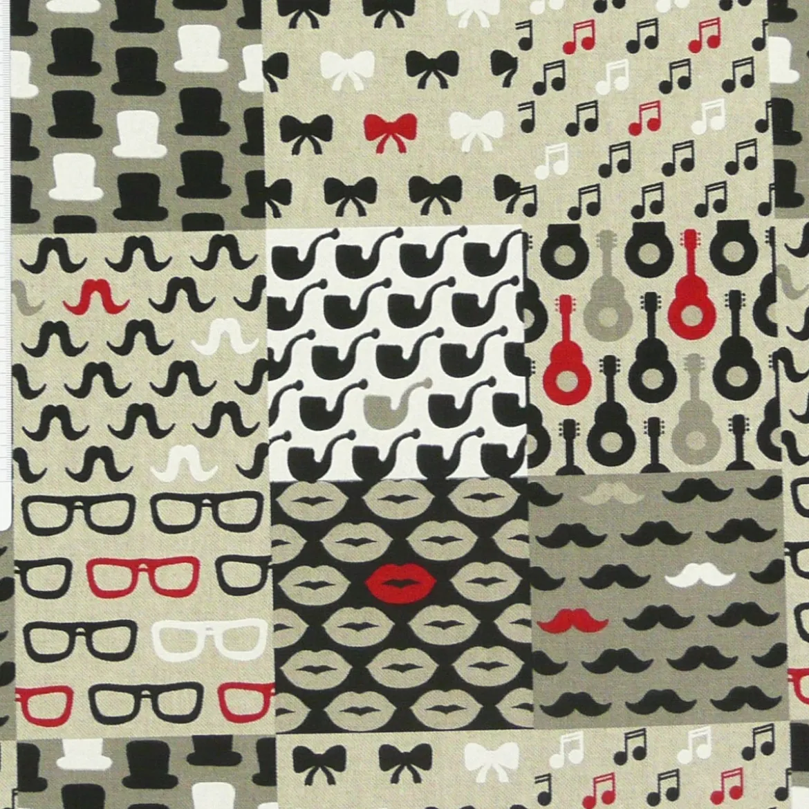 Gardinenstoff Stoff Dekostoff Meterware Patchwork Moustache Brille Noten Pfeife Gitarre