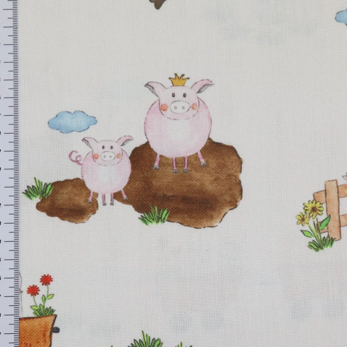 Gardinenstoff Stoff Dekostoff Kinderstoff HOFGAUDI Bauernhof Traktor Tiere creme bunt 1,60m Breite