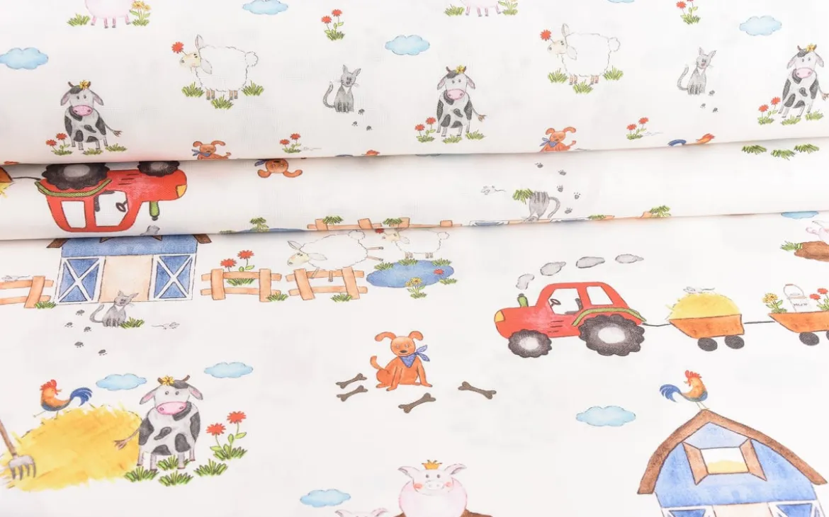 Gardinenstoff Stoff Dekostoff Kinderstoff HOFGAUDI Bauernhof Traktor Tiere creme bunt 1,60m Breite