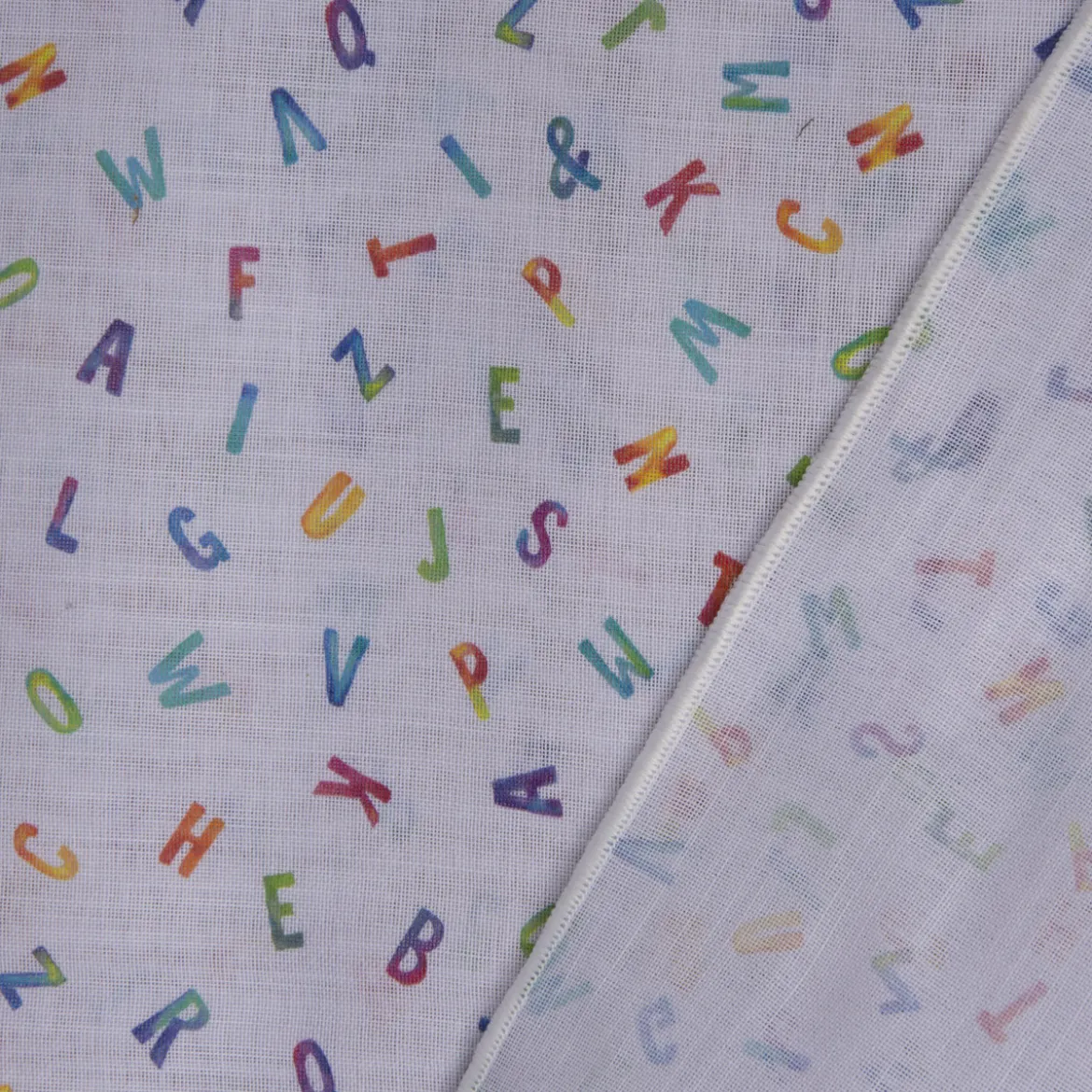 Gardinenstoff Stores mit Bleiband Leinenoptik Alphabet Buchstaben weiß bunt raumhoch 300cm