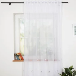 Gardinenstoff Voile Stickerei Fransen Blumen Bogenkante weiß grau beige 280cm Breite