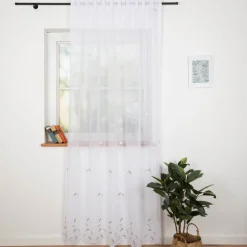 Gardinenstoff Voile Stickerei Fransen Blumen Bogenkante weiß grau beige 280cm Breite