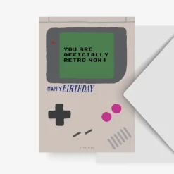 Geburtstagskarte Happy Birthday You are officially retro now! Gameboy grau bunt 10,5x14,8cm