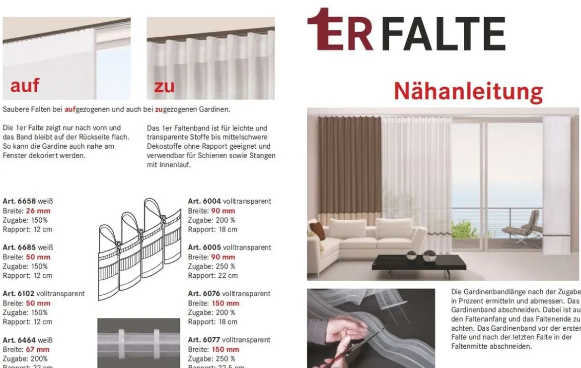 Gerster Faltenband Gardinenband 1er Falte volltransparent mit Zugverhältnis 1:2,5 in 90mm breit