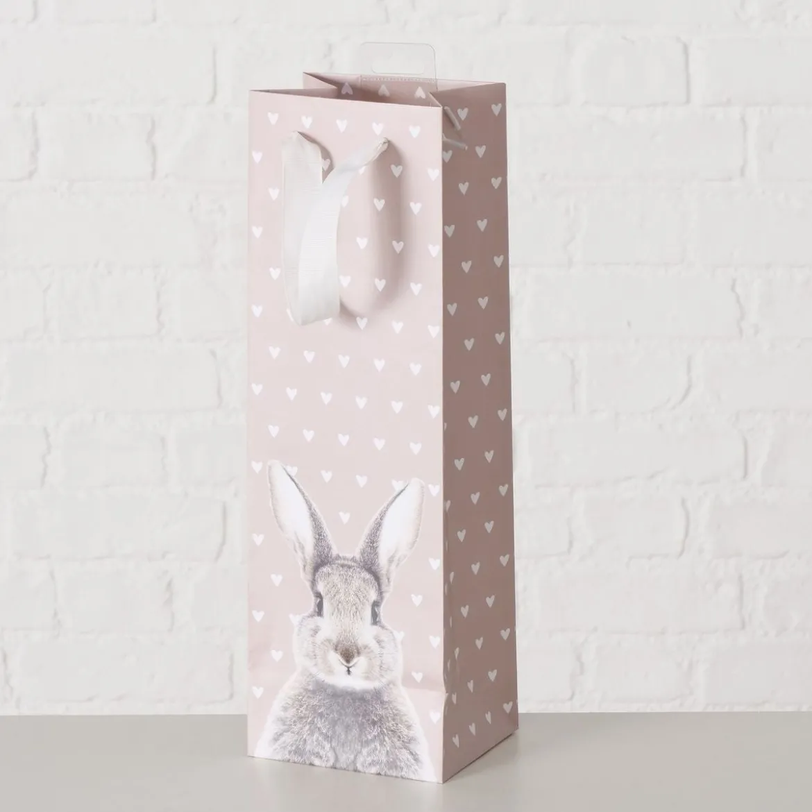 Geschenktasche Hase mit Herzmuster beige weiß 12x10x37cm