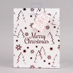 Geschenktasche mit Foliendruck Merry Christmas Tannenbaum weiß 18x23x10cm verschiedene Farben