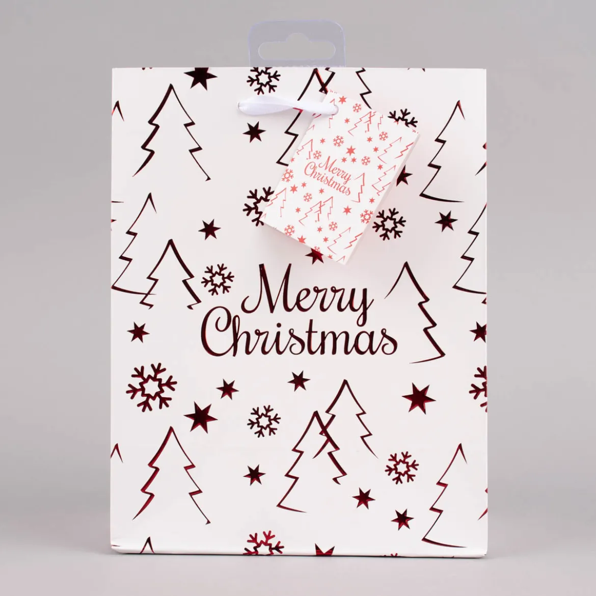 Geschenktasche mit Foliendruck Merry Christmas Tannenbaum weiß 18x23x10cm verschiedene Farben