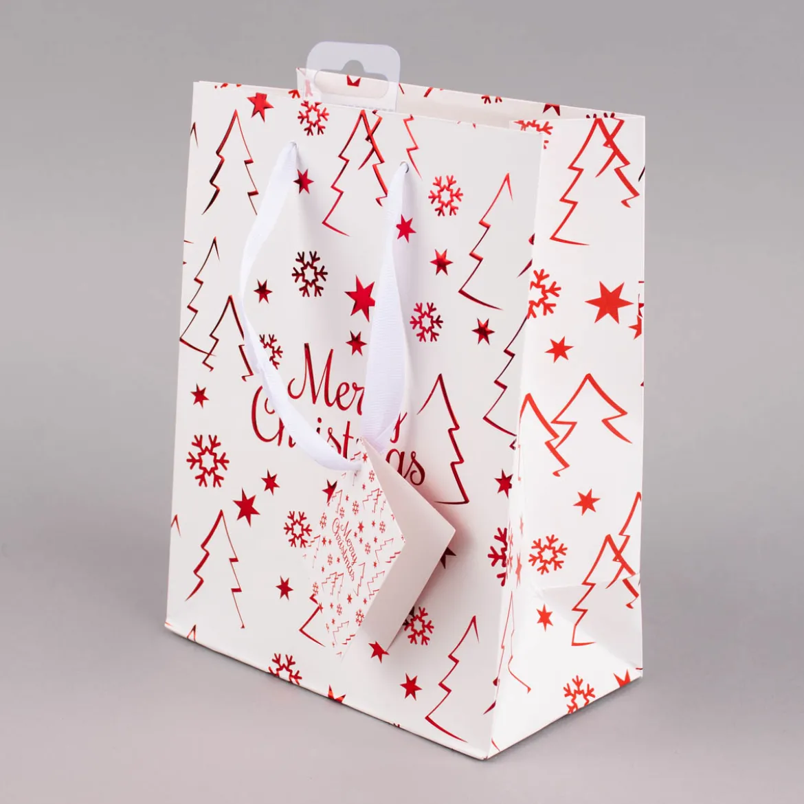 Geschenktasche mit Foliendruck Merry Christmas Tannenbaum weiß 18x23x10cm verschiedene Farben