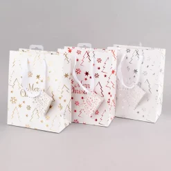 Geschenktasche mit Foliendruck Merry Christmas Tannenbaum weiß 18x23x10cm verschiedene Farben
