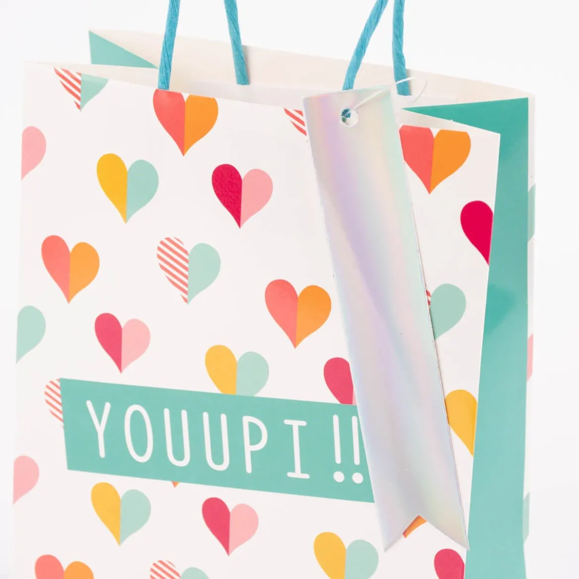 Geschenktüte bedruckt mit einfarbigem Henkel versch. Motive weiß bunt 15x8x21cm