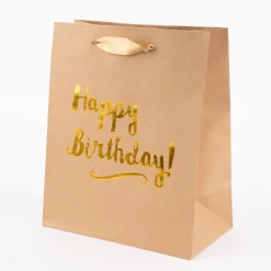 Geschenktüte Happy Birthday! Kraftpapier Größe M braun goldfarbig 20x24x11cm