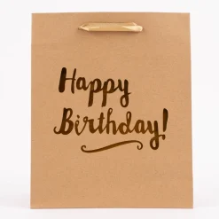 Geschenktüte Happy Birthday! Kraftpapier Größe L braun goldfarbig 27x33x14cm