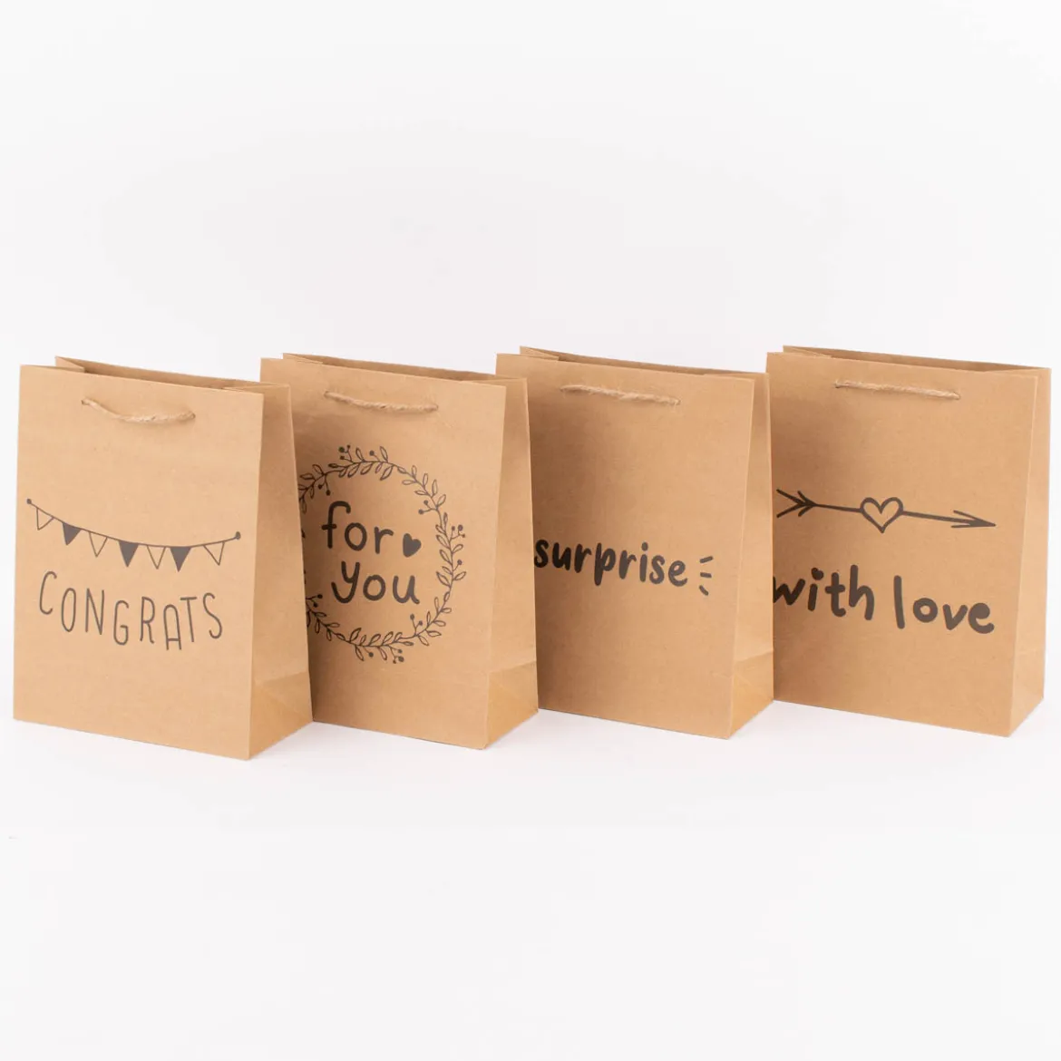 Geschenktüte Kraftpapier mittel mit Schriftzug natur schwarz 18x23x8cm verschiedene Motive