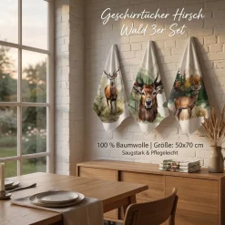Geschirrtücher Hirsch Wald 3er Set aus Baumwolle 50x70 cm französisches Dessin