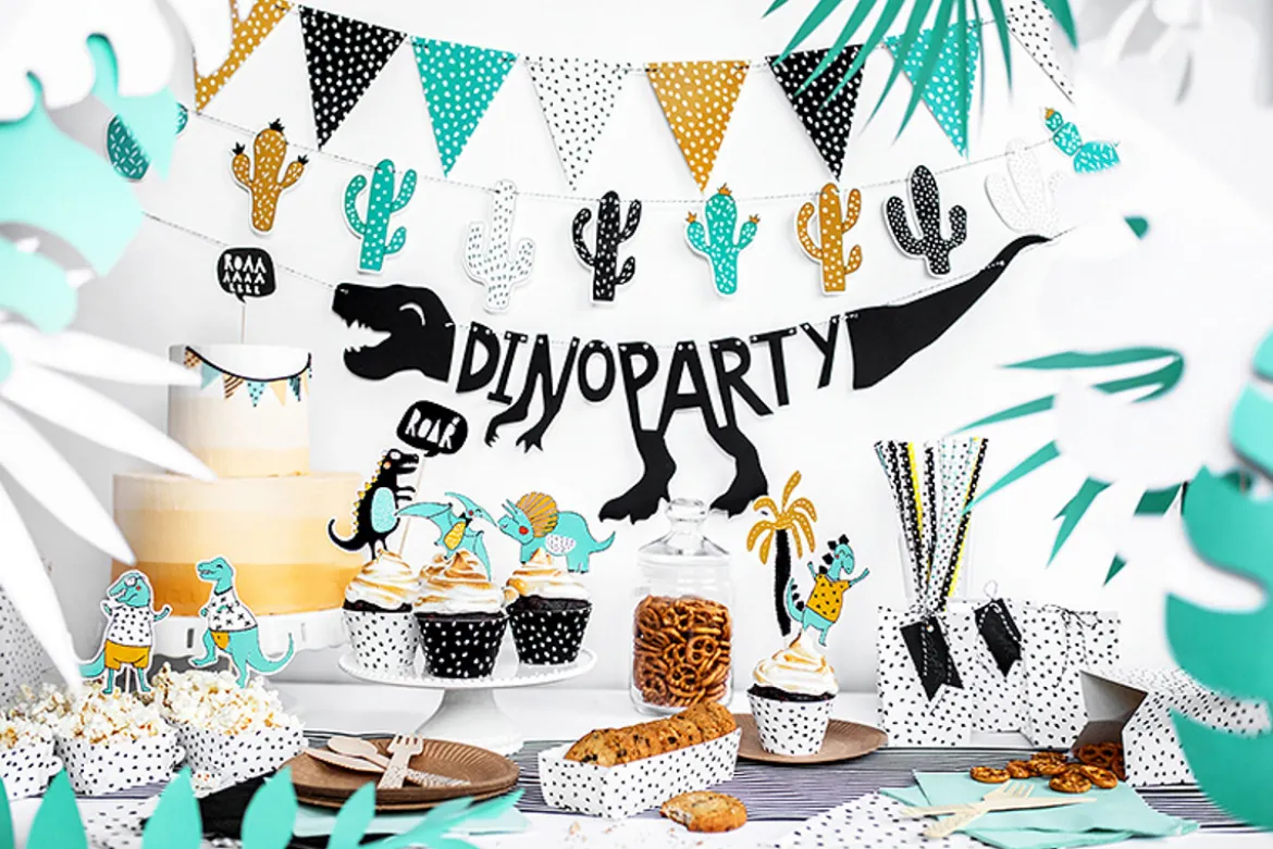 Girlande DIY Dinoparty Wimpel mehrfarbig 8 Anhänger Länge: 1,3m