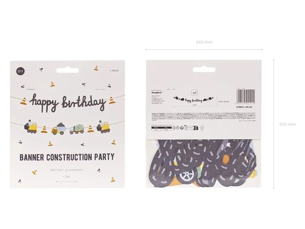 Girlande Happy Birthday Baufahrzeuge orange blau gelb grün grau 2m