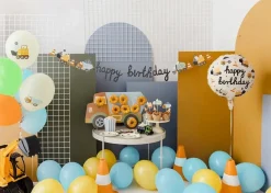 Girlande Happy Birthday Baufahrzeuge orange blau gelb grün grau 2m