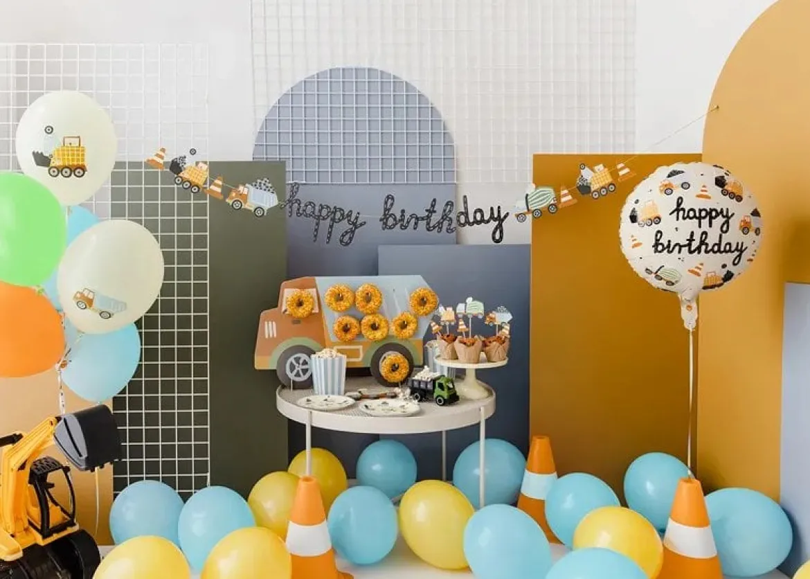 Girlande Happy Birthday Baufahrzeuge orange blau gelb grün grau 2m