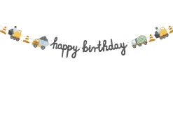 Girlande Happy Birthday Baufahrzeuge orange blau gelb grün grau 2m