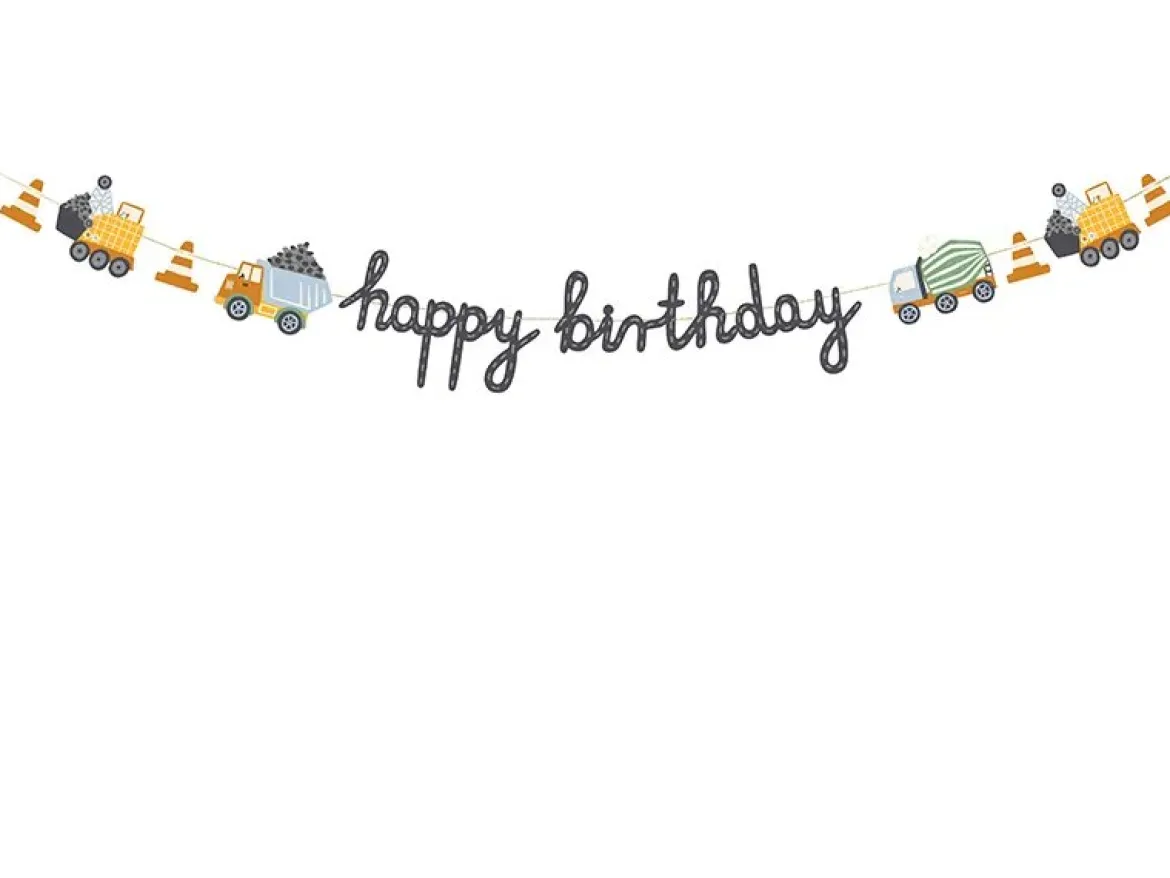 Girlande Happy Birthday Baufahrzeuge orange blau gelb grün grau 2m