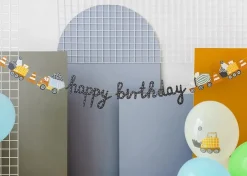 Girlande Happy Birthday Baufahrzeuge orange blau gelb grün grau 2m