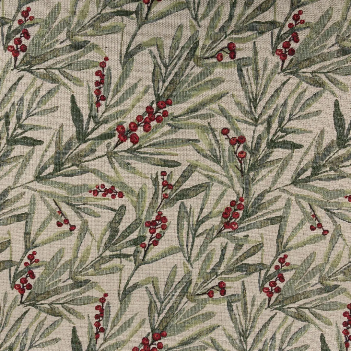 Gobelin Dekostoff Mistelzweige mit Beeren und goldfarbigen Lurexeffekten beige rot grün 1,40m Breite