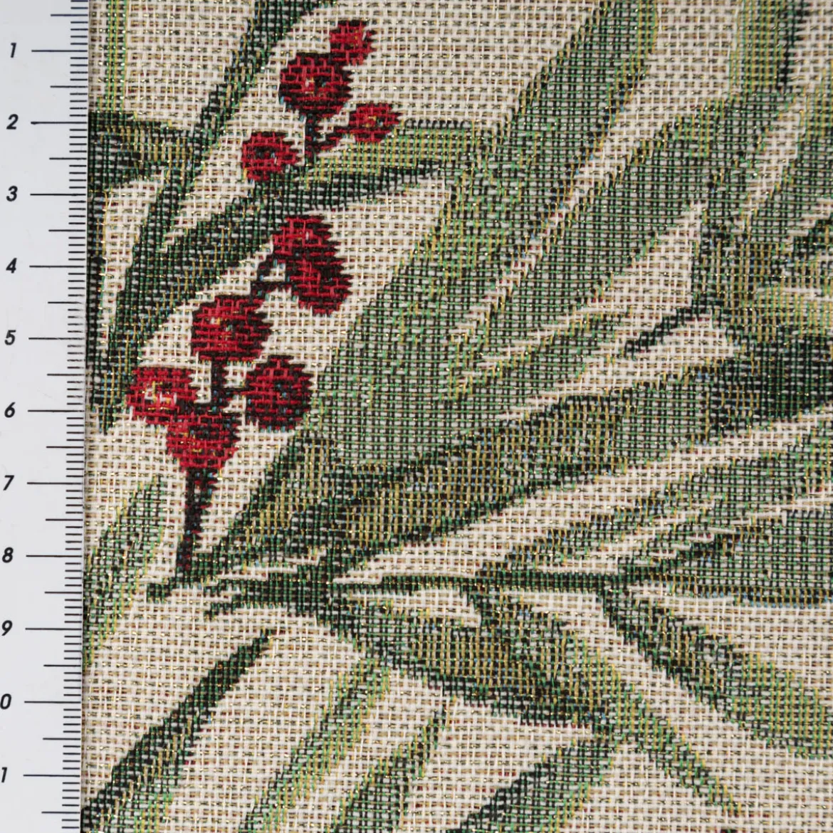 Gobelin Dekostoff Mistelzweige mit Beeren und goldfarbigen Lurexeffekten beige rot grün 1,40m Breite