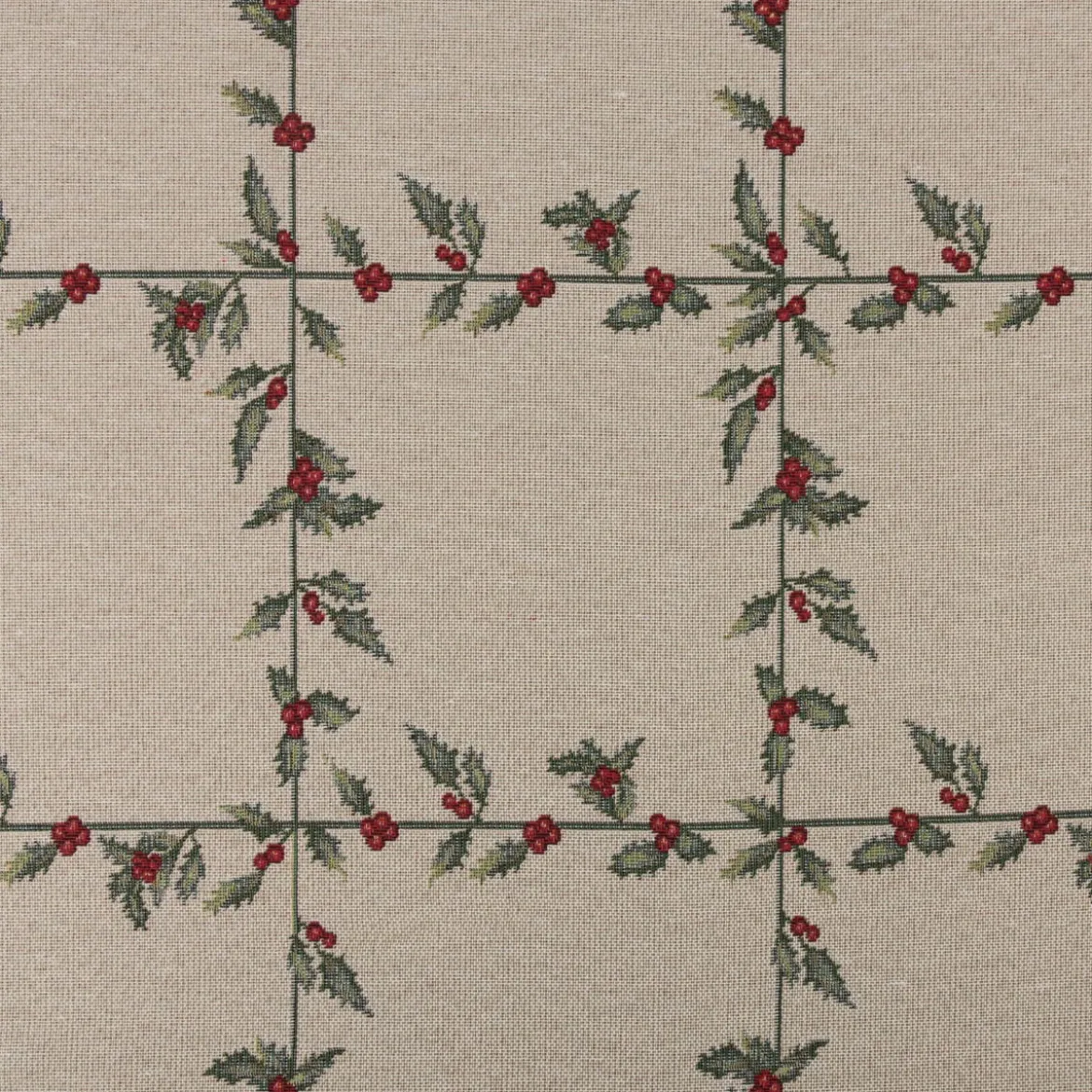Gobelin Dekostoff Mistelzweige mit Beeren Gitter beige rot grün 1,40m Breite