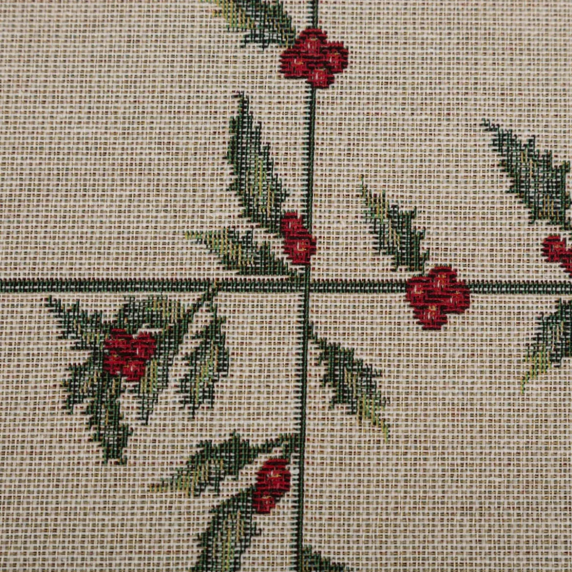 Gobelin Dekostoff Mistelzweige mit Beeren Gitter beige rot grün 1,40m Breite