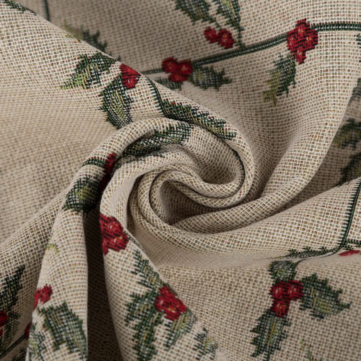 Gobelin Dekostoff Mistelzweige mit Beeren Gitter beige rot grün 1,40m Breite