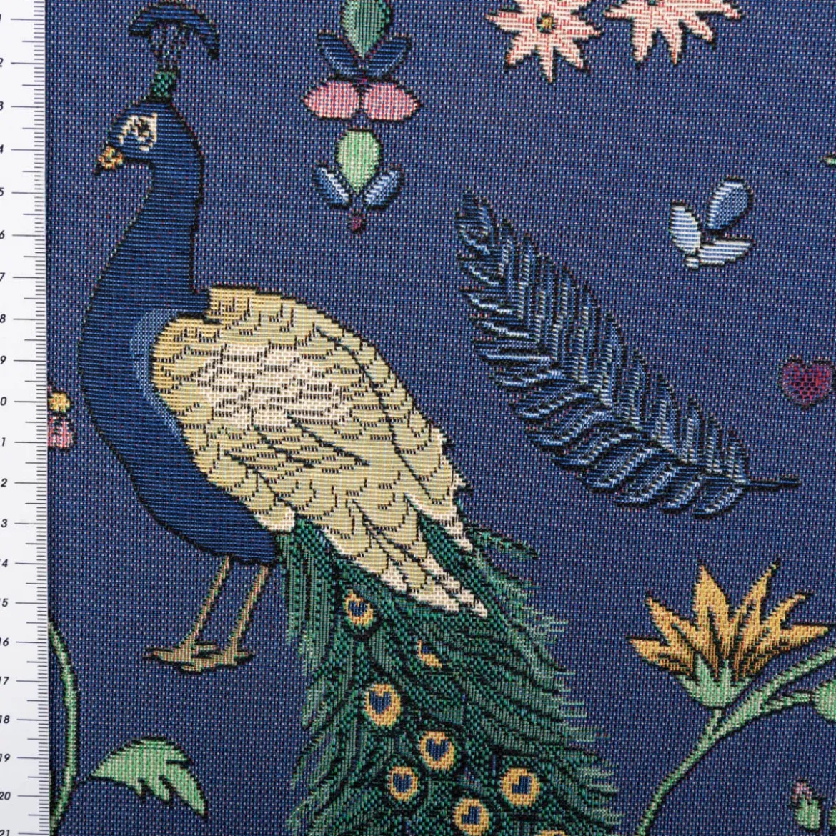 Gobelin Premium Dekostoff Peacock Garden Dream Pfau Blumenranken blau 1,4m Breite