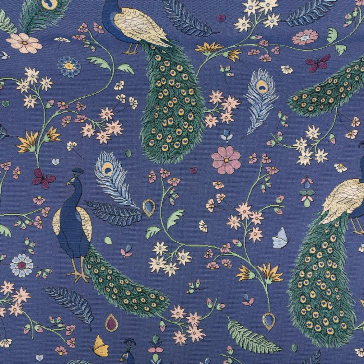 Gobelin Premium Dekostoff Peacock Garden Dream Pfau Blumenranken blau 1,4m Breite
