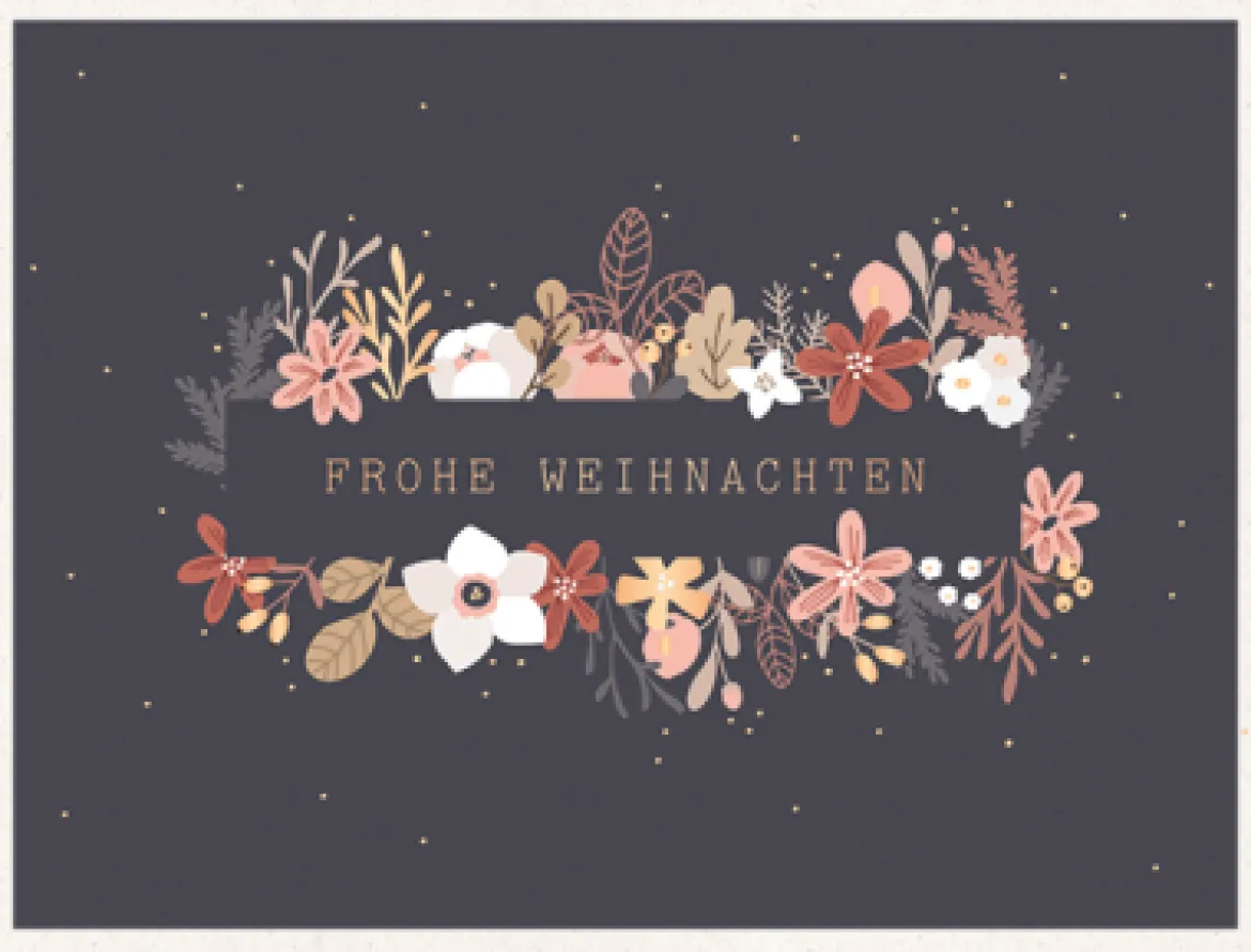 Grafik Werkstatt Doppelkarte Frohe Weihnachten Blumen dunkelblau rosa goldfarbig 10,8x14,2cm