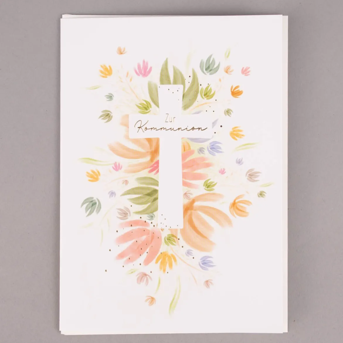 Grafik Werkstatt Doppelkarte Kommunion Kreuz Blumen weiß pastell bunt 12x17cm